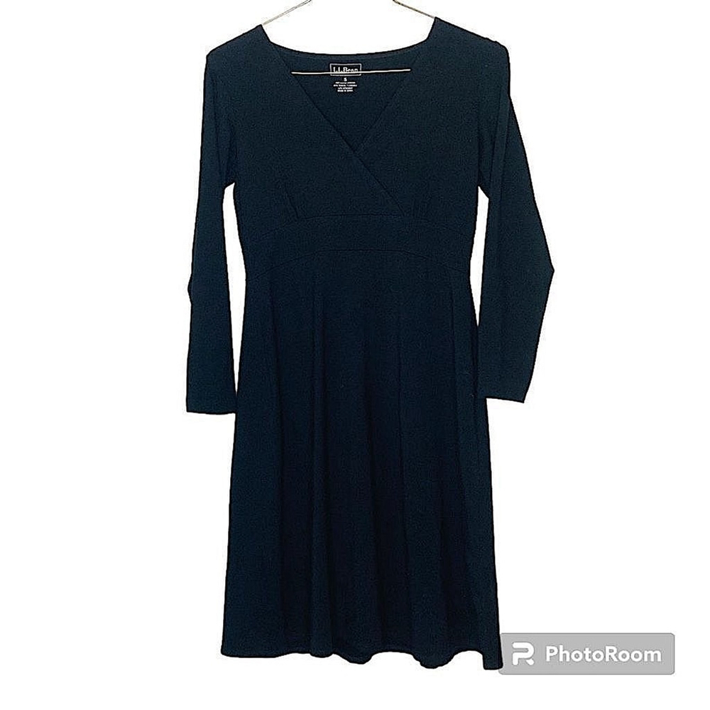 L. L. Bean Faux Wrap Knit Dress Long Sleeves Knee Length Black Womens Small - Picture 2 of 4